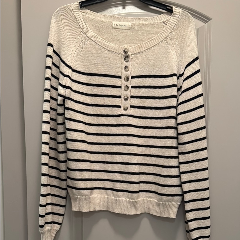 Black and White Crew Neck Sweater with Nautical Stripes